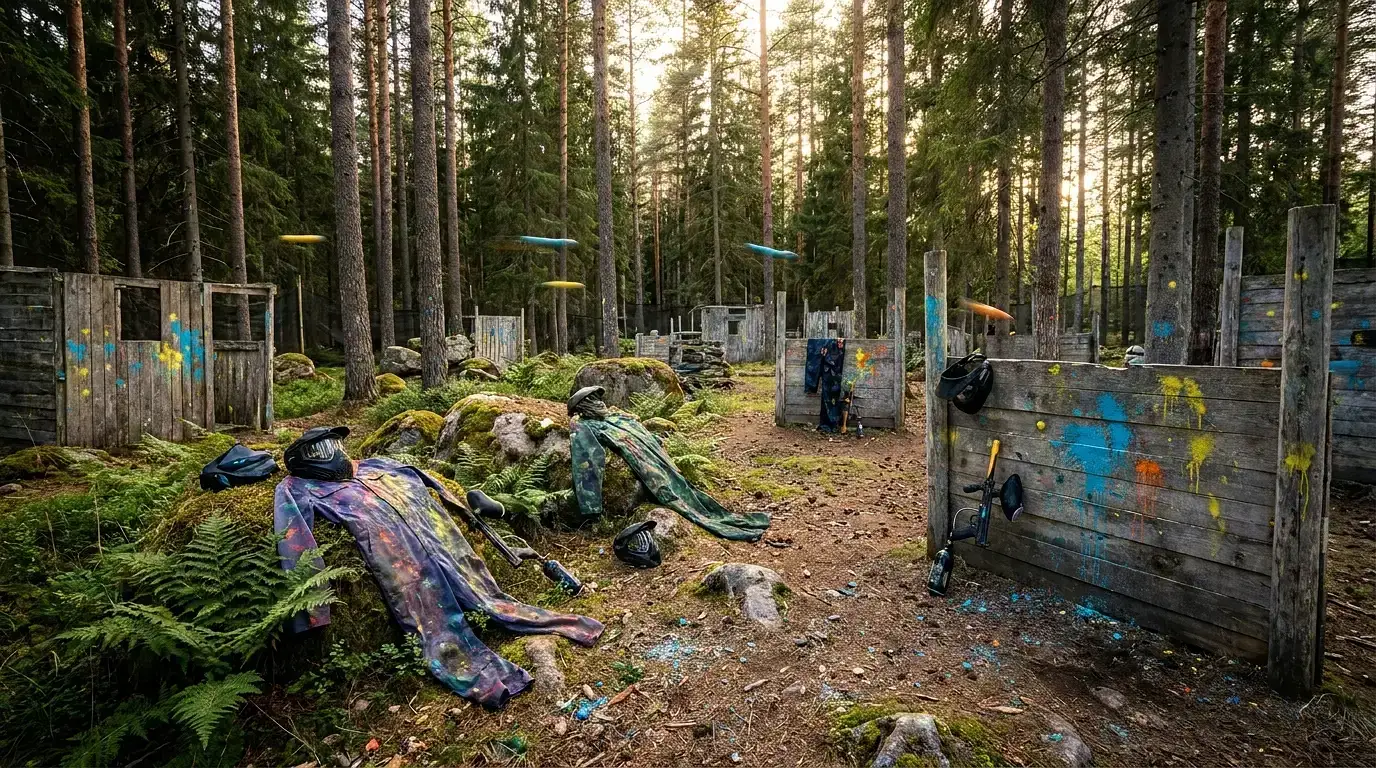 Paintballarena i skog med färgfläckade skyddsutrustningar och träbarriärer.