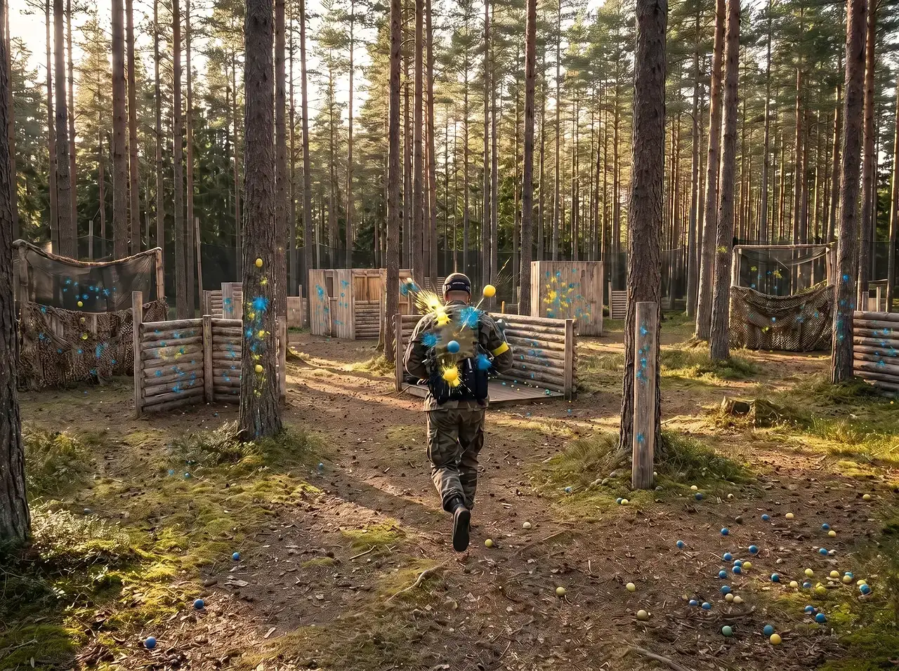 En paintballspelare springer genom en skogsbana med färgglada kulor.